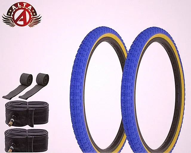 2 Alta BICYCLE 20 X 1.75 BMX TIRES BLUE/GUM COMP III TREAD W/TUBES & RIMSTRIPS.