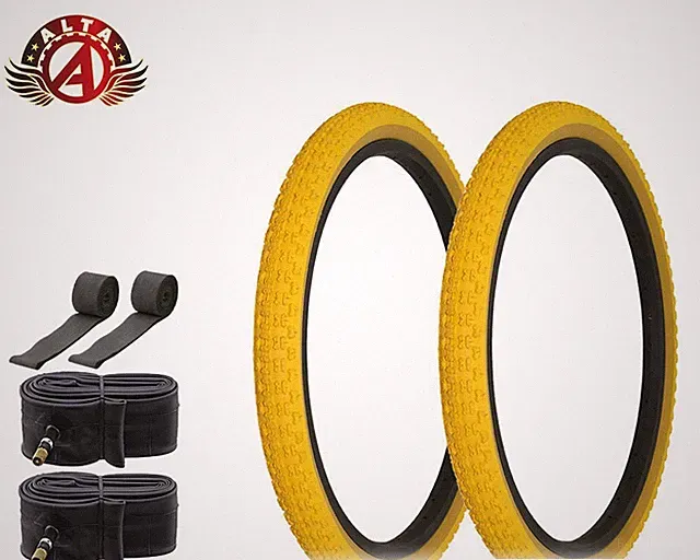 2 Alta BICYCLE 20 X 1.75 BMX TIRES YELLOW/GUM COMP III TREAD W/TUBES & RIMSTRIPS